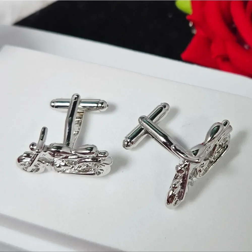 Silver Motorcycle Cufflinks Biker Rider Statement Formal Gift Professional Tux